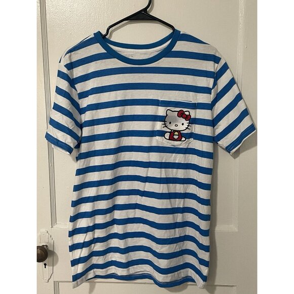 Hello Kitty Tops - Hello Kitty Womens Small Blue-White Stripe T-Shirt Embroidered Logo Short Sleeve